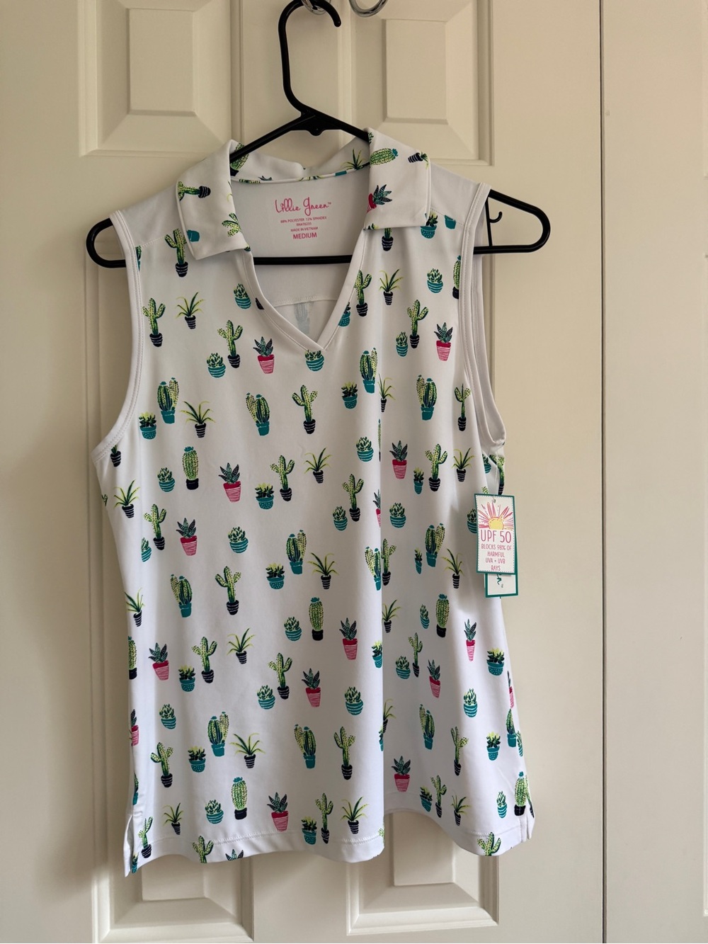 Lilly Green White Tank with Green Cactus and Pink Pot Accents